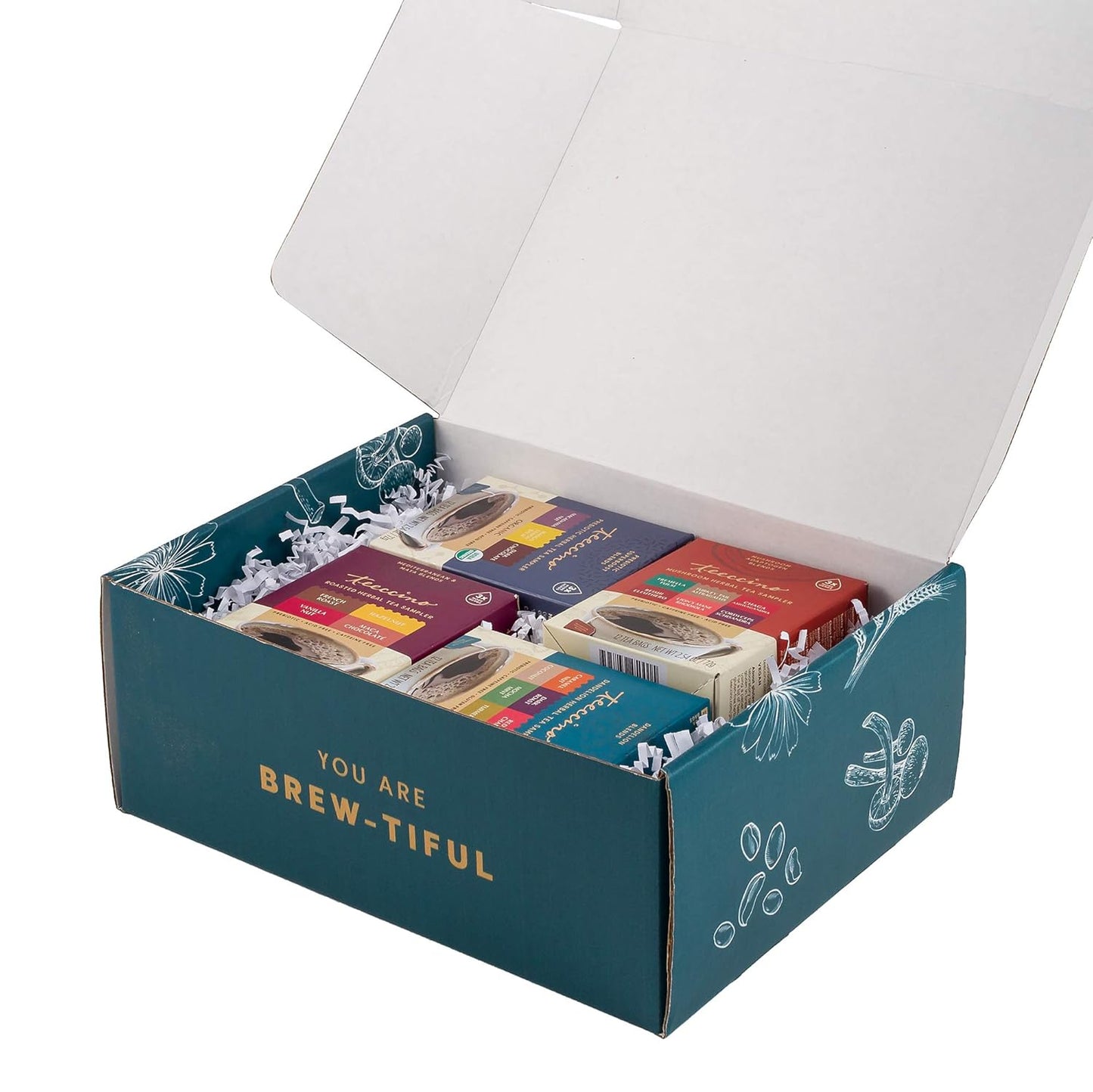 Teeccino Herbal Tea Gift Set - 48 Tea Bag Assortment in 4 Sampler Boxes with Decorative Gift Box - Prebiotic SuperBoost, Dandelion, Mushroom Adaptogen & Classic Herbal Tea Samplers, Caffeine Free