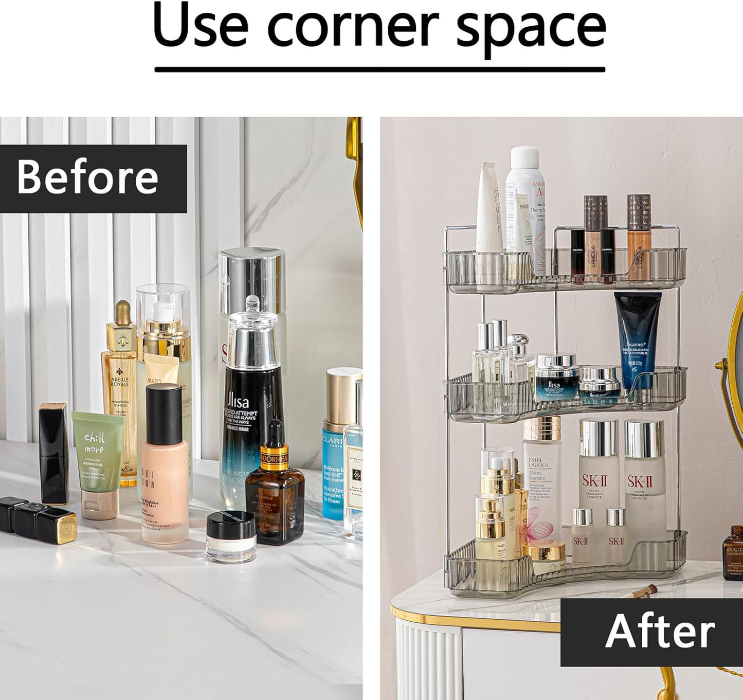 3-Tier Corner Bathroom Counter Organizer – Classic Storage Shelf for Makeup, Perfume & Toiletries, Space-Saving Countertop Tray Fits Bathroom, Dresser, Kitchen (Slate Gray)