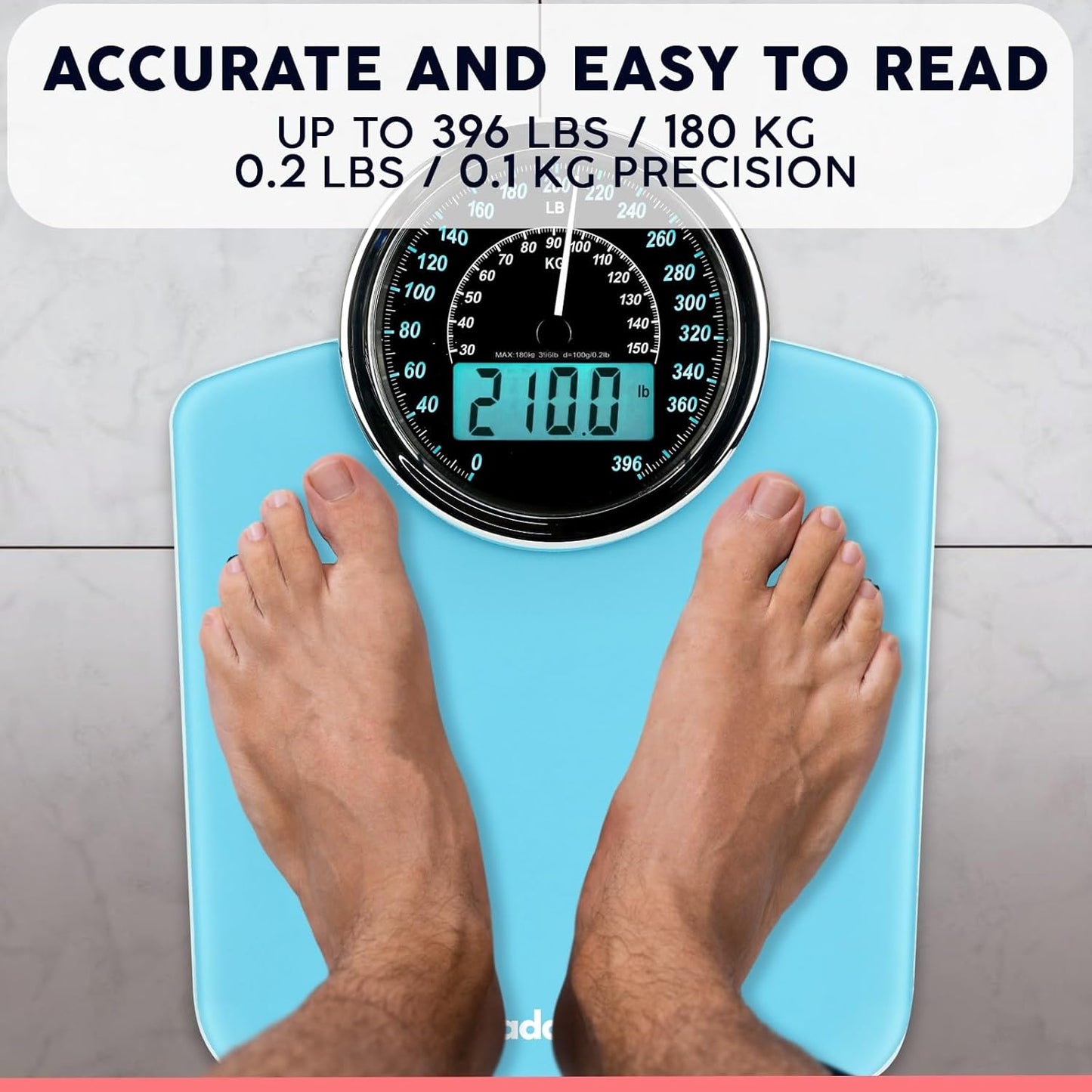 Adamson Hybrid 2-in-1 Analog & Digital Weighing Scale for Body Weight up to 400lbs - Thick Tempered Glass - Extra Large Display - Easy to Read Digital Bathroom Scale - New - Light Blue
