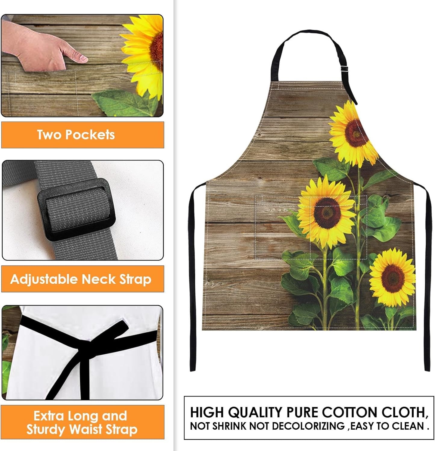 Britimes Apron Home Kitchen Cooking Baking Gardening for Women Men with Pockets Autumn Sunflowers Wooden Board Flower 32x28 inch
