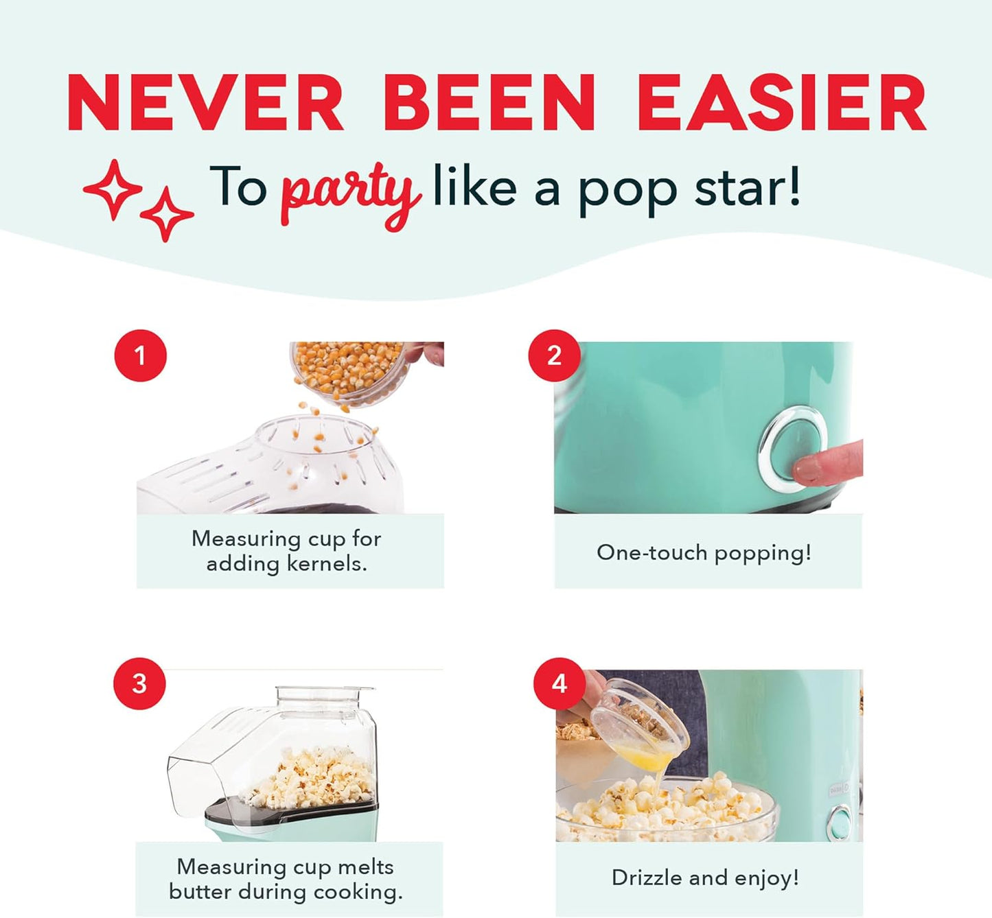 DASH Hot Air Popcorn Popper Maker with Measuring Cup to Portion Popping Corn Kernels + Melt Butter, 16 Cups - Lavender