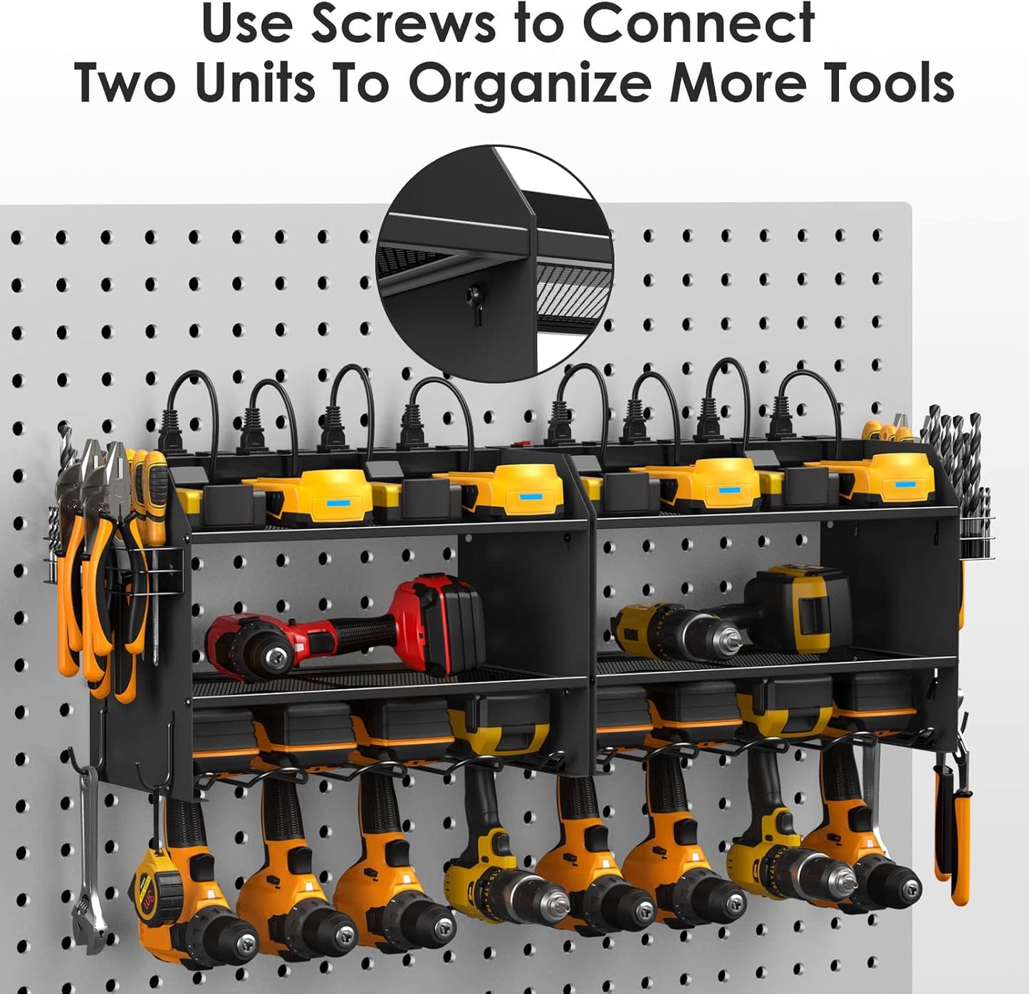 CCCEI Modular Power Tool Organizer Wall Mount with Charging Station. Garage Drill Storage Shelf with Hooks, Heavy Duty Rack, Tool Battery Holder Built in 8 Outlet. Gift for Men. Black, 2 Pack.