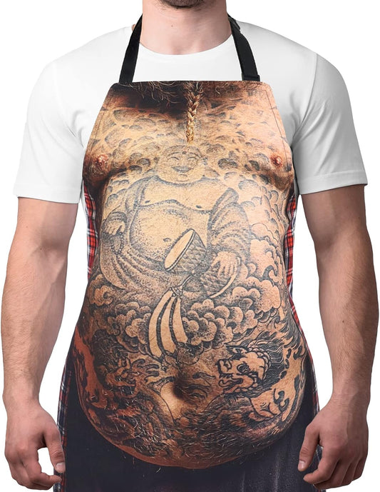 Funny Men Cooking Grilling Aprons Tattoo Belly BBQ Funny Gag Gifts for Christmas, White Elephant Gift Exchange (Tattoo, One Size)