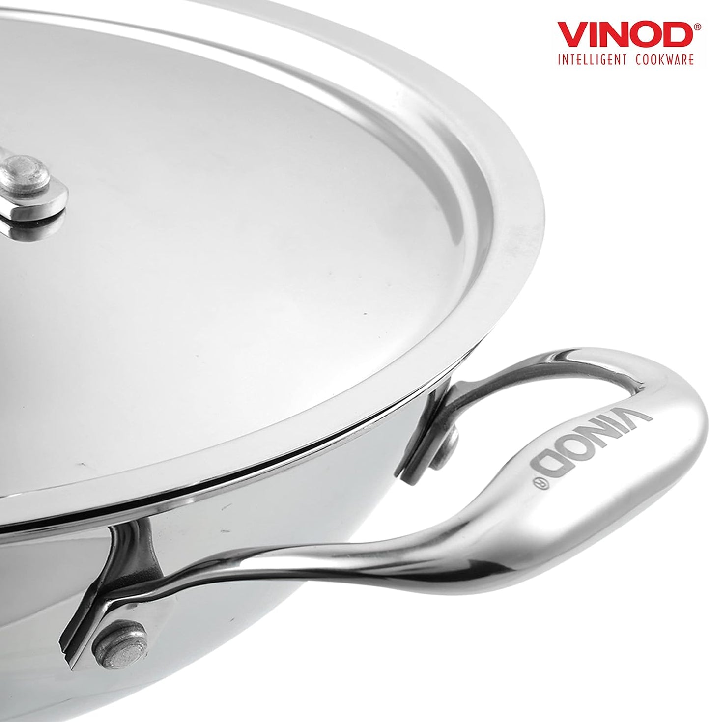 Vinod Platinum Triply Stainless Steel Kadai | Suitable For Indian Cooking, Sauces, Stews, Soups | Extra Deep Kadai With Lid | Induction, Electric Friendly (26cm)