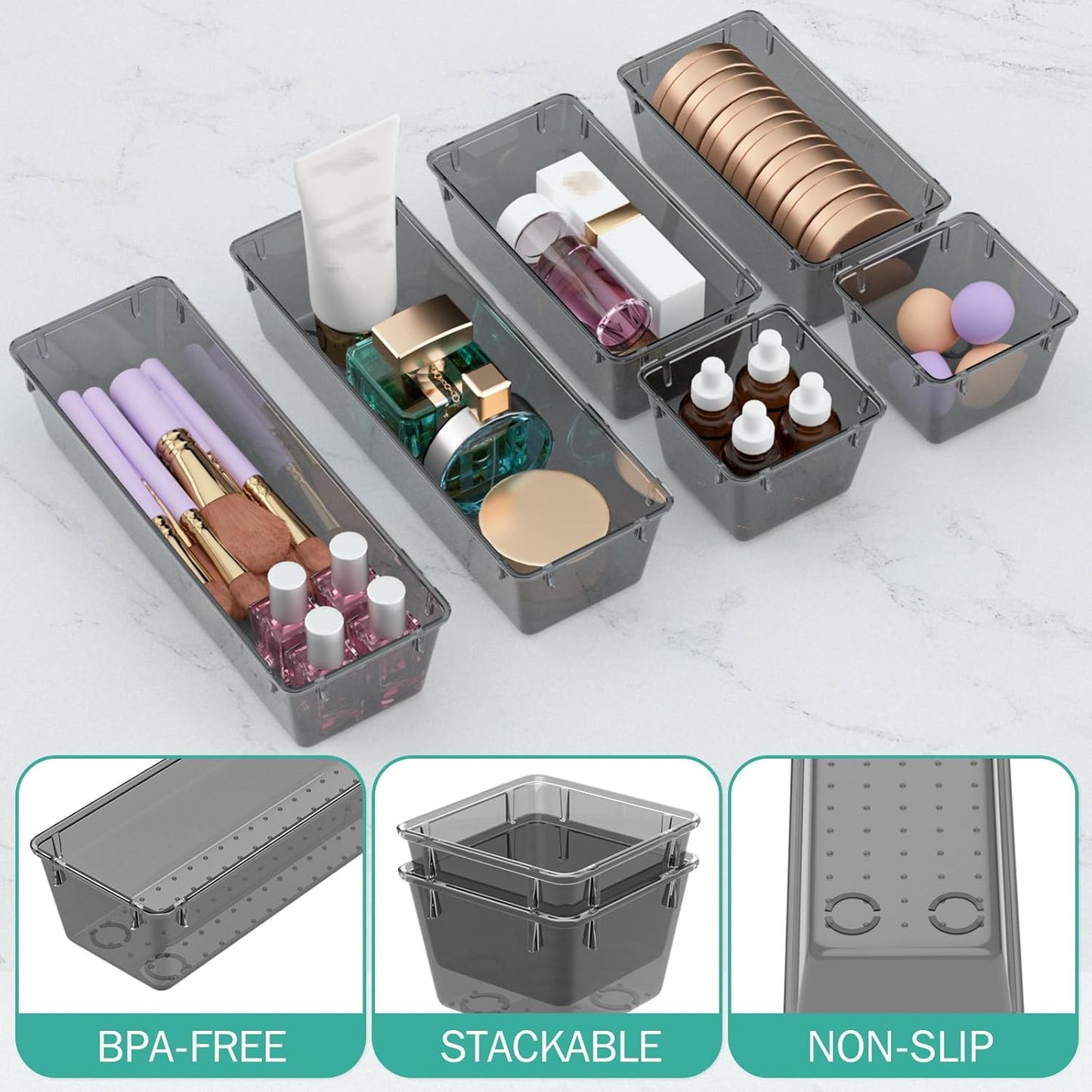 WOWBOX 12 Pack Clear Drawer Organizer Set, Acrylic Drawer Storage Trays, Storage Bins for Makeup, Cosmetics, Jewelries, Utensils, Gadgets, Office, Black