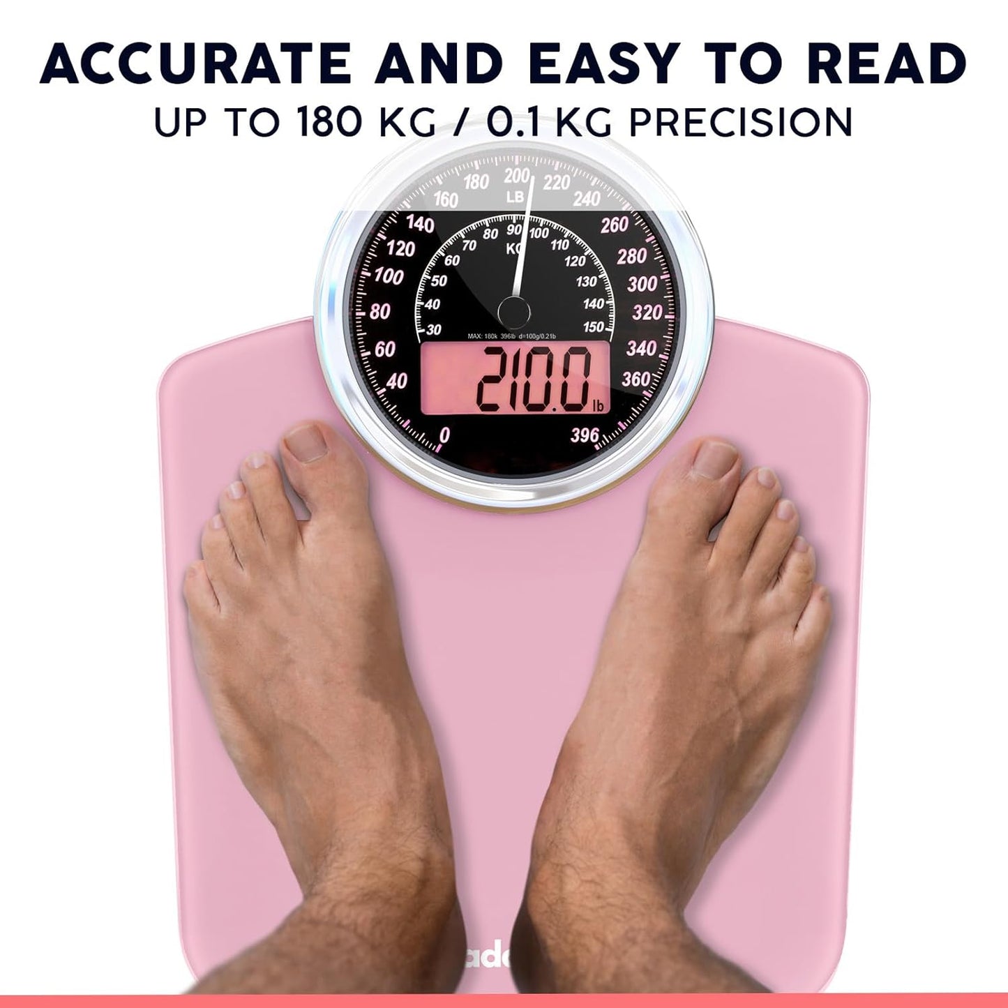 Adamson Hybrid 2-in-1 Analog & Digital Weighing Scale for Body Weight up to 400lbs - Thick Tempered Glass - Extra Large Display - Easy to Read Digital Bathroom Scale - New - Pink