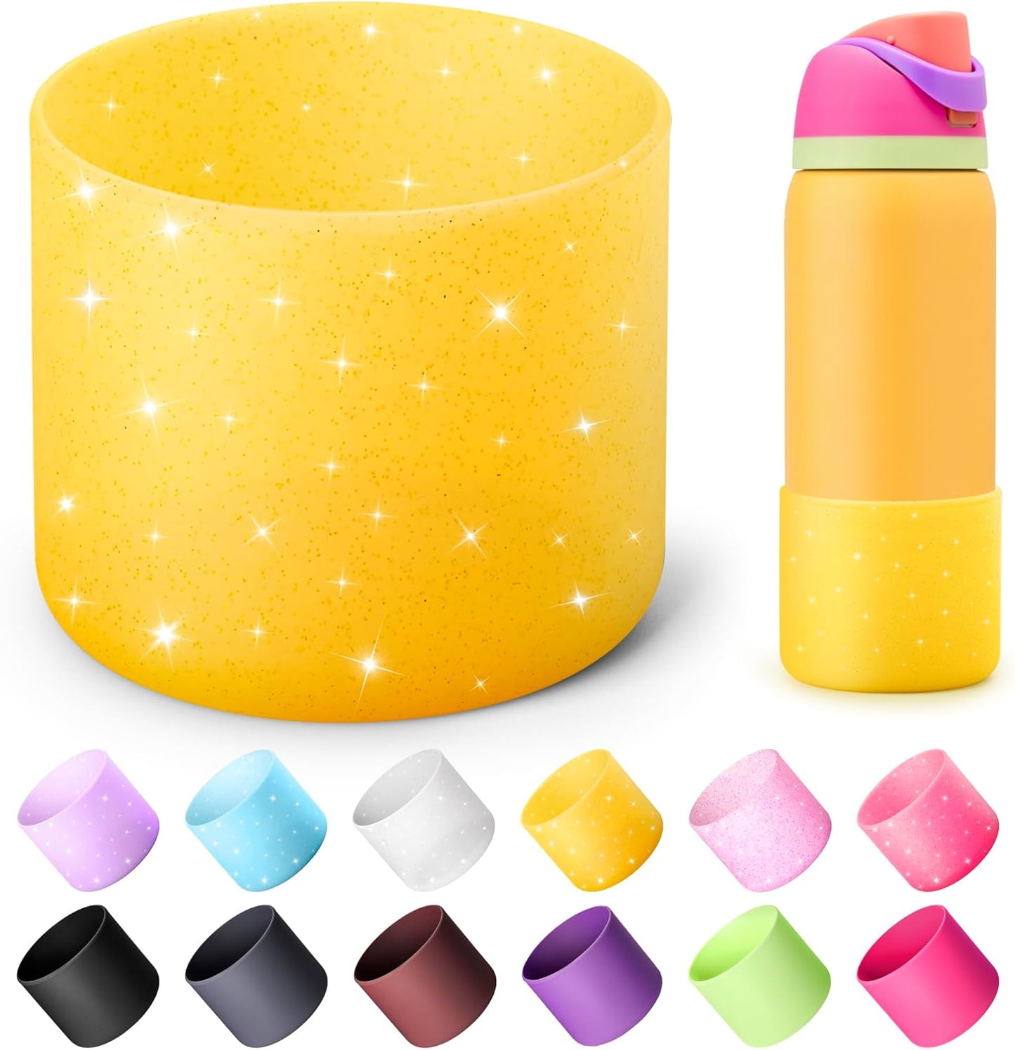 Silicone Water Bottle Boot for Owala 32 oz, Anti-Slip Protective Sleeve for Owala Twist & FreeSip & Flip Stainless Steel Water Bottle, Boot Bottom Base for Owala (Glitter Yellow)