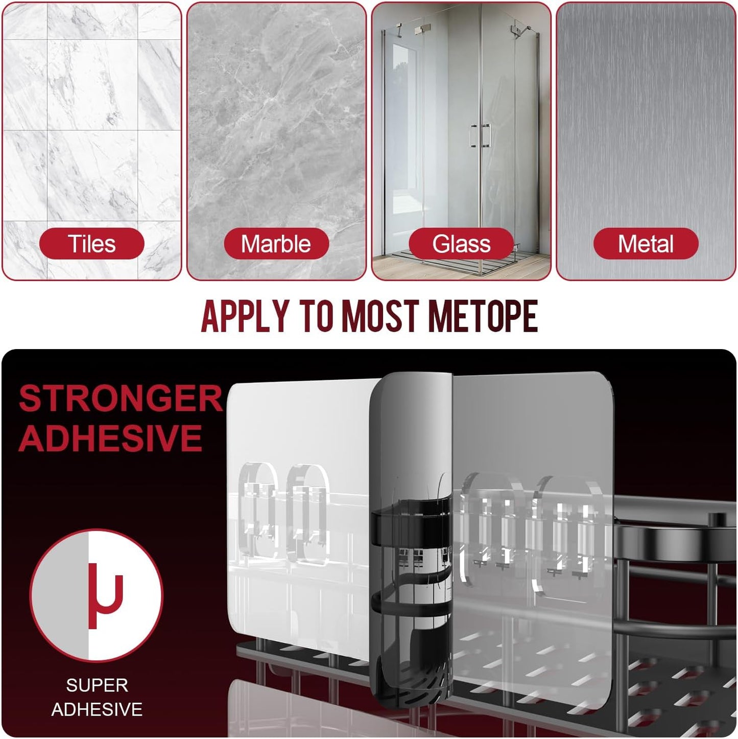 Large Capacity Shower Caddy, Heavy-Duty Adhesive Shower Organizers with Custom Aesthetic Design Soap, No Drilling Corner Shower Shelves, 5 Hooks for Bathroom Accessories, 3 Pack