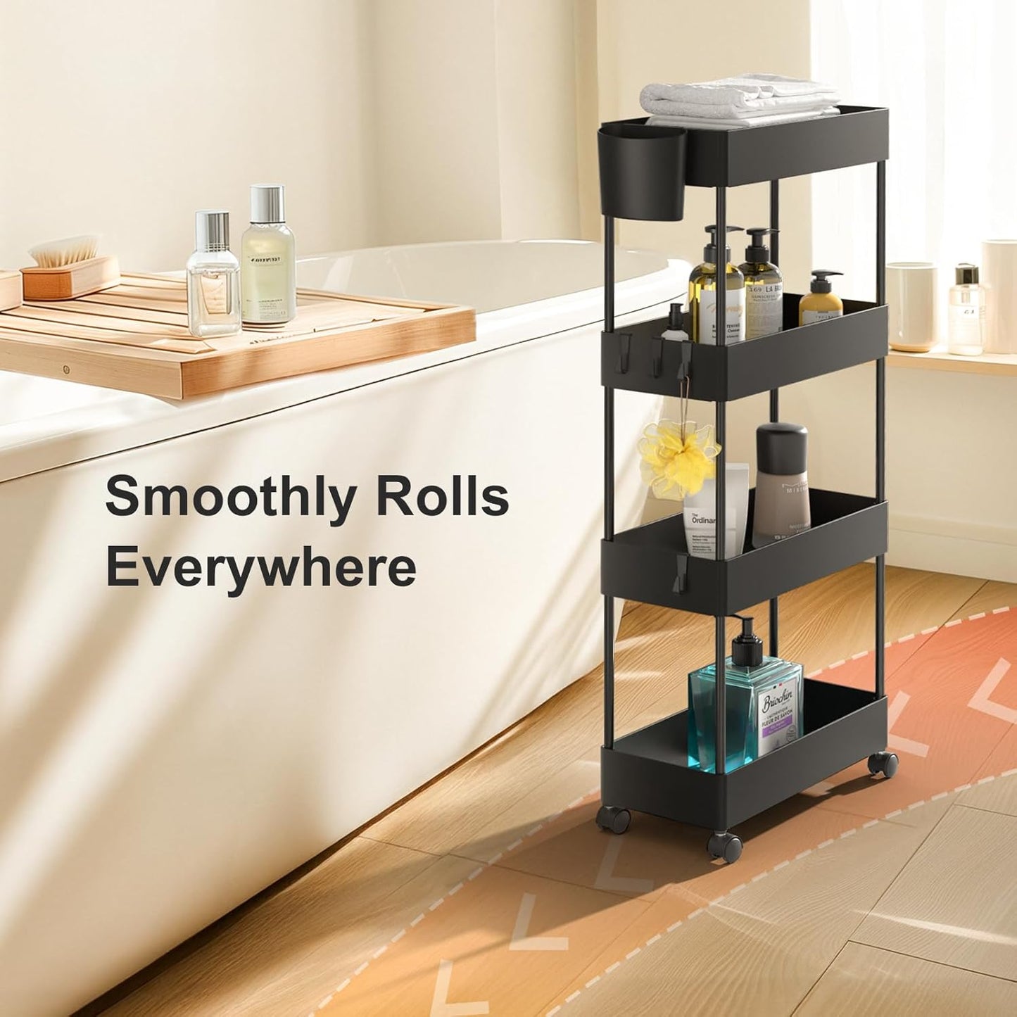Pipishell Slim Storage Cart with Wheels - Bathroom Cart Organizer Storage, 4Tier Rolling Carts for Bathroom, Laundry Room, Kitchen, Narrow Space, Black PIUC05