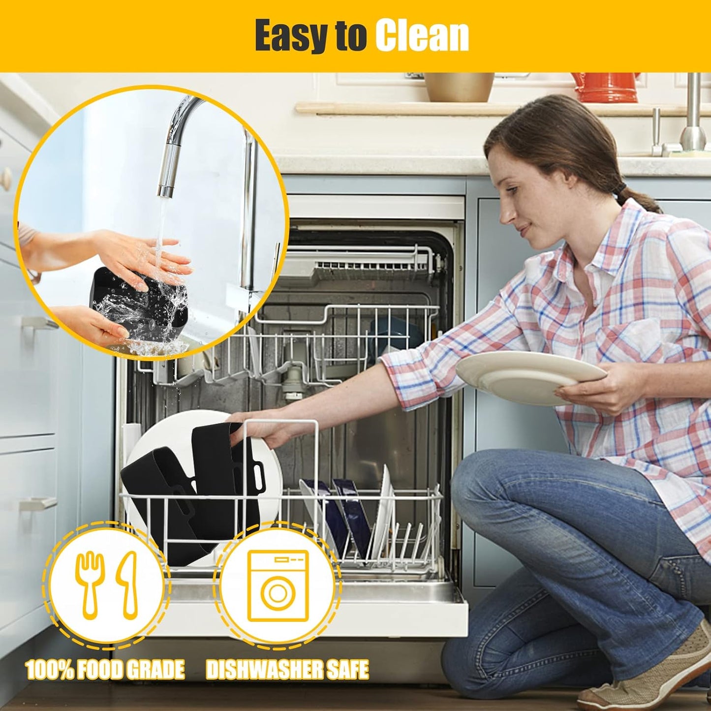 2Pcs Air Fryer Silicone Liners Rectangular for Ninja Foodi Dual DZ201 8QT/DZ090 6QT, MMH Reusable Non Stick Airfryer Dual Basket Accessories for Chefman 6QT/Instant Vortex Plus XL 8QT, Black