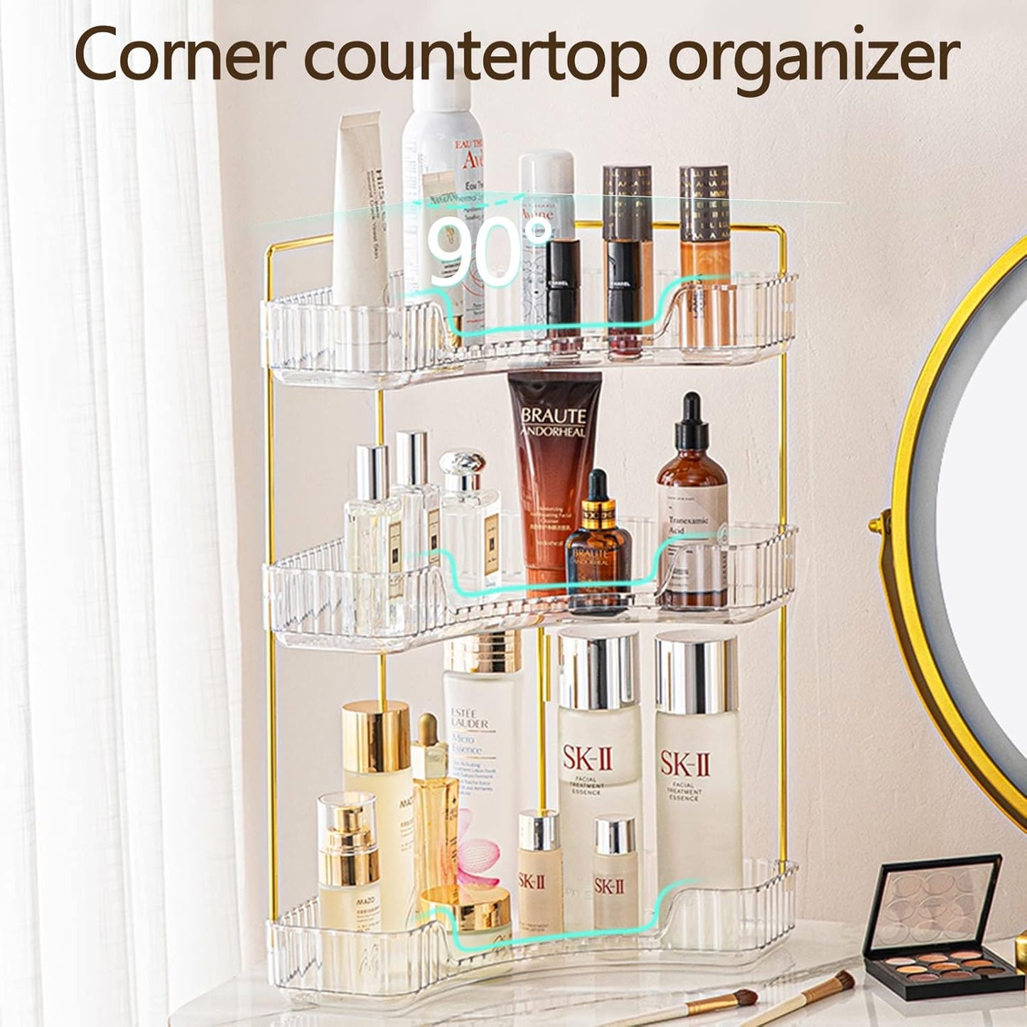 3-Tier Corner Bathroom Counter Organizer – Storage Shelf for Makeup, Perfume & Skincare, Space-Saving Countertop Tray Fits Bathroom, Dresser, Kitchen (White)