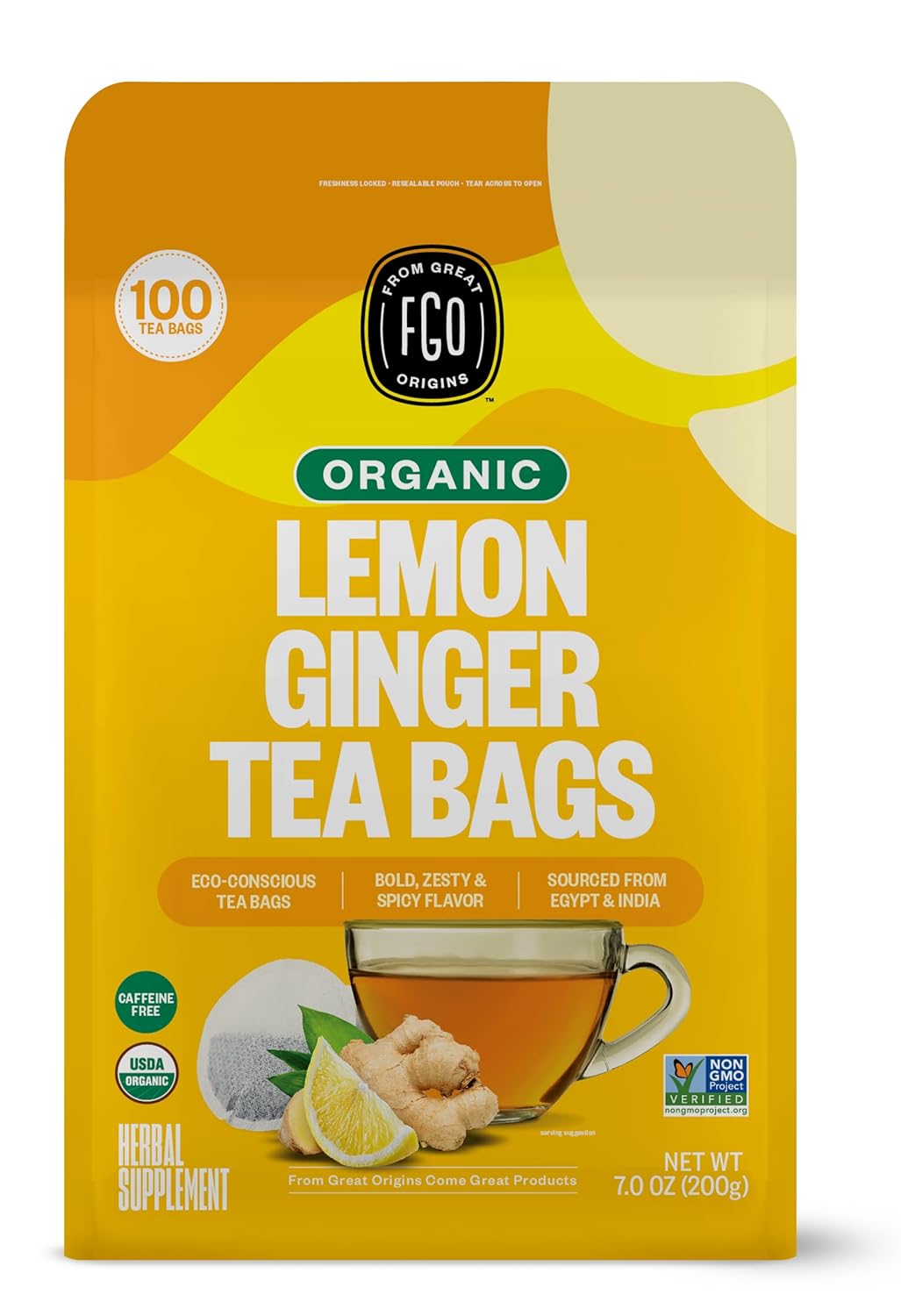 FGO Organic Lemon Ginger Tea, 100 Count, Eco-Conscious Tea Bags, Resealable Bag, Caffeine Free, Packaging May Vary (Pack of 1)