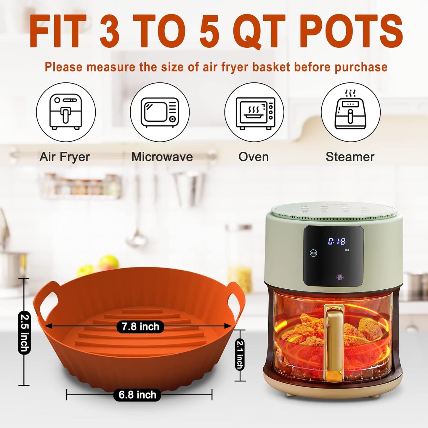 Seropy Silicone Air Fryer Liners Reusable Airfryer Liners 2 Pack 3-5 QT Silicone Pot 7.7 Inch, Air Fryer Basket Round Silicone Mat Oven Baking Tray Replace Parchment Paper for Air Fryer Accessories