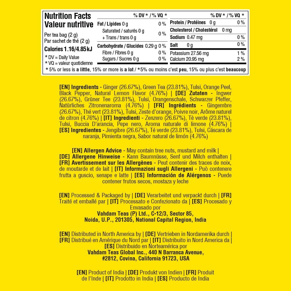 VAHDAM, Lemon Ginger Tea Bags (100 Green Tea Bags) Low Caffeine | Fruity Flavor - Zesty Lemon & Ginger, Orange Peel | Resealable Ziplock Pouch | Brew Hot or Iced Tea