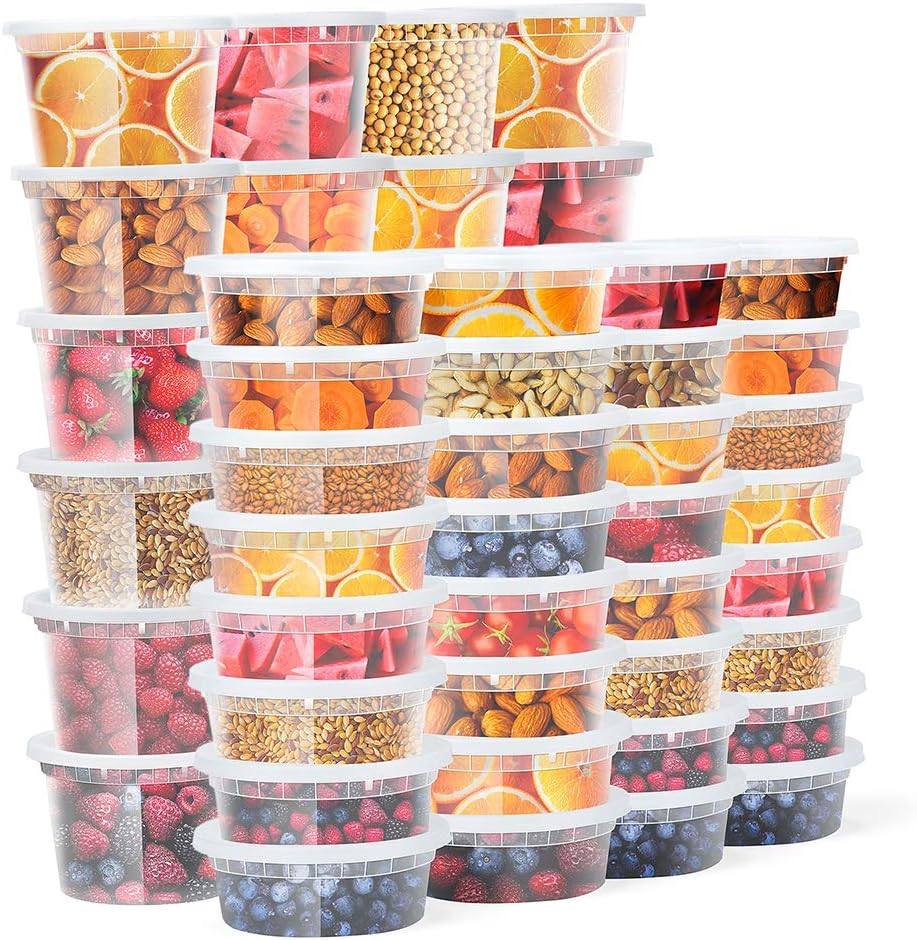 Glotoch 48 Pack (Mixed) 8 oz. and 16 oz. Plastic Containers with Lids, Leak Proof Deli Containers, Meal Prep Soup Containers, BPA Free, Reusable, Freezer Dishwasher Microwave Safe, Mixed sizes