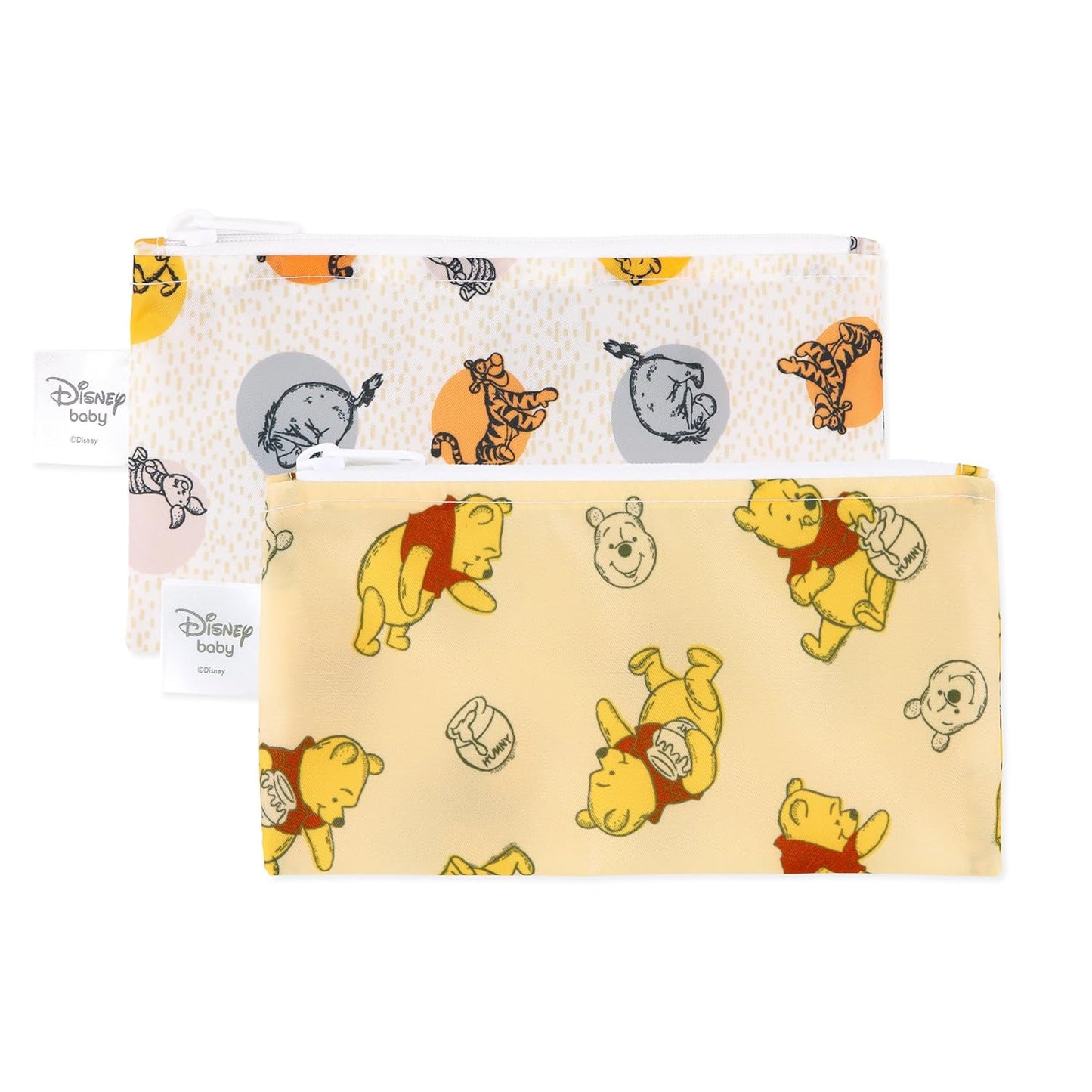 Bumkins Disney Reusable Snack Bags, for Kids School Lunch and for Adults Portion, Washable Fabric, Waterproof Cloth Zip Bag, Supplies Travel Pouch, Food-Safe Storage, 2-pk Winnie the Pooh