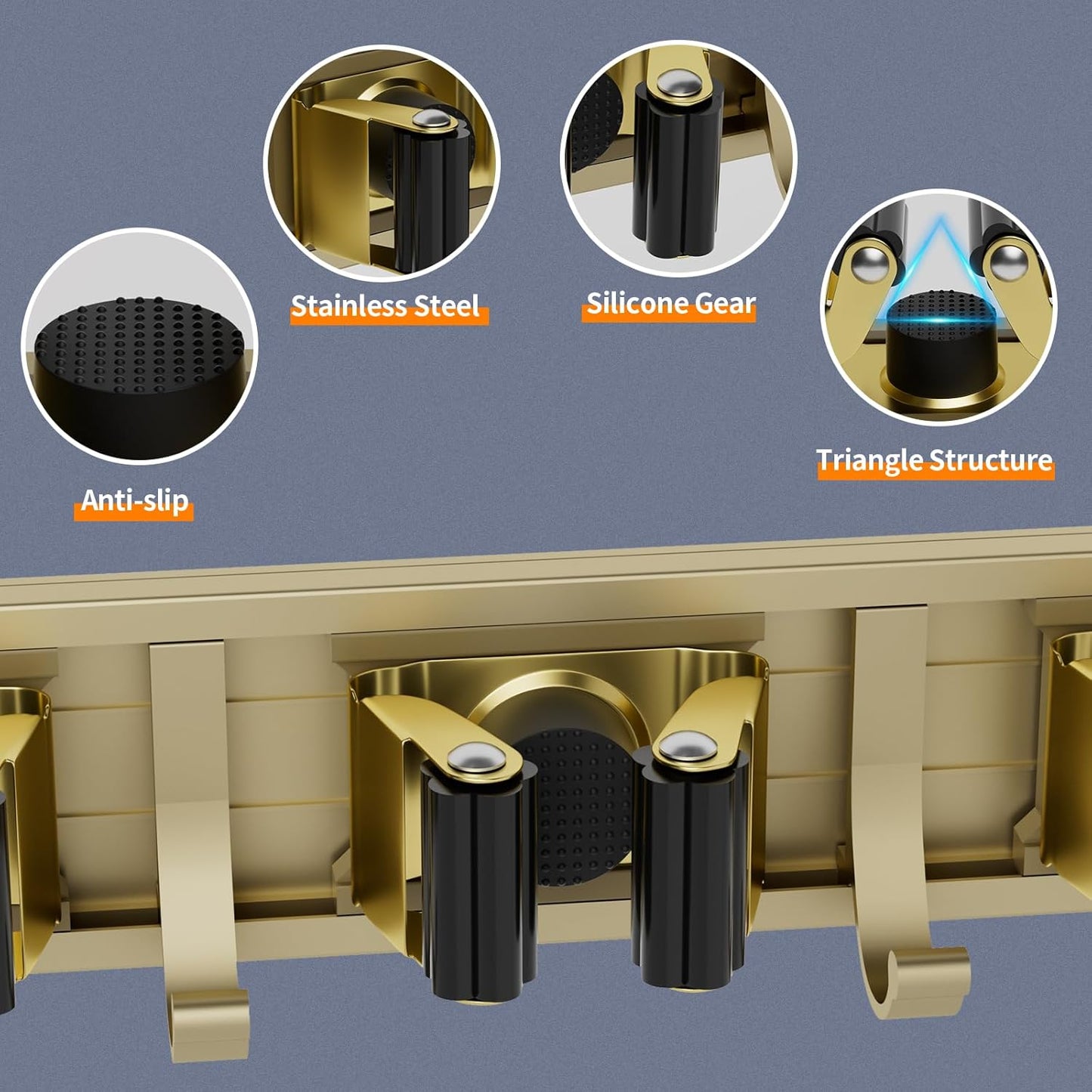 reliahom Broom Holder Wall Mount Mop and Broom Hanger Wall Mounted Garage Storage Rack Kitchen Garden Tool Organizer (5 Racks with 4 Hooks, Bronze)