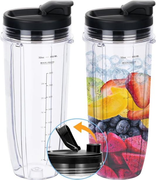 Replacement 32oz Blender Cup with Sip & Seal Lid For Nutri Ninja BL450 BL454 Bl455 BL456 BL480 BL481 BL482 BL490 BL640 BL642 BL682 SS101 SS401 SS351 Nutri Ninja Auto IQ Series Blenders, 2-Pack …