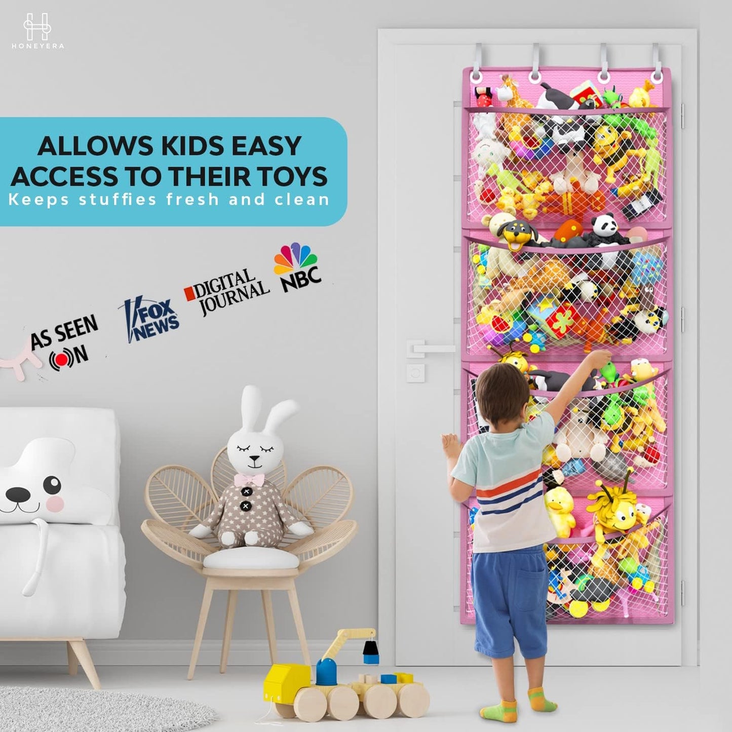 Honeyera Storage for Stuffed Animals - Over Door Organizer for Stuffies, Baby Accessories, and Toy Plush/Easy Installation with Breathable Hanging Storage Pockets Big Girls Chair Toddler Large Bag