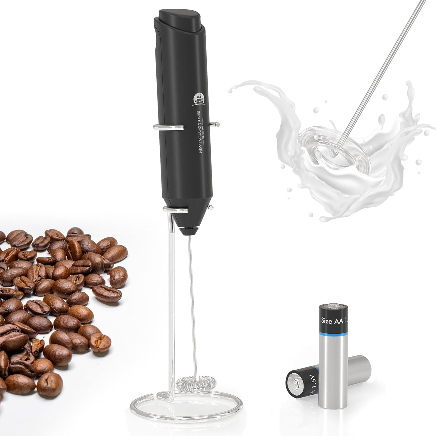 Milk Frother with Stand (Battery Included), Handheld Battery Operated Electric Foam Maker with Stainless Steel Whisk for Coffee, Latte, Cappuccino, Hot Chocolate