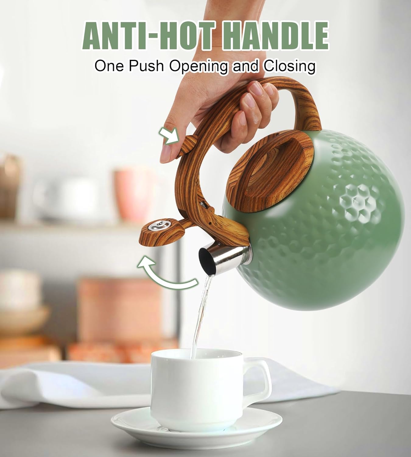 Stovetop Whistling Tea Kettle 3.2QT - Stainless Steel with Wood Grain Handle, Loud Whistle Kettle for Tea, Coffee & Milk, Ergonomic Grip & Balanced Pour Spout (Emerald Green)