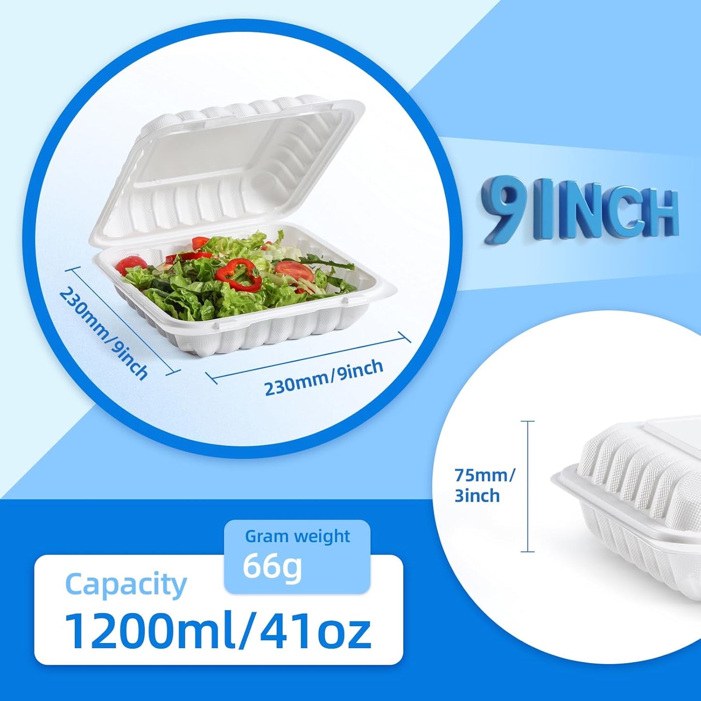 YANGRUI Food Containers 9 Inch 41 oz 100 Pack - Shrink Wrapped Sanitary | Mineral Filled BPA Free PP Plastic | Reusable Heavy Duty Freezer & Microwave Safe | Stackable Design Takeout Container