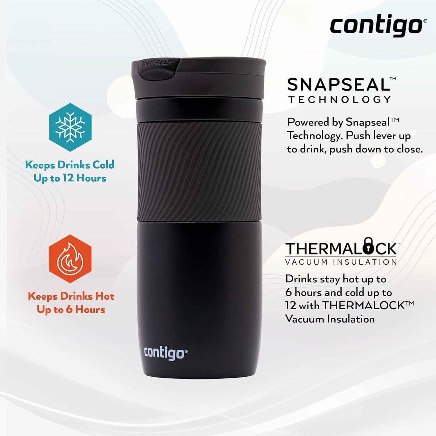 Contigo Byron Snapseal Travel Mug, Stainless Steel Thermal Mug, Vacuum Flask, Leakproof Tumbler, Coffee Mug with BPA Free Easy-Clean Lid, 470 ml, Matte Black