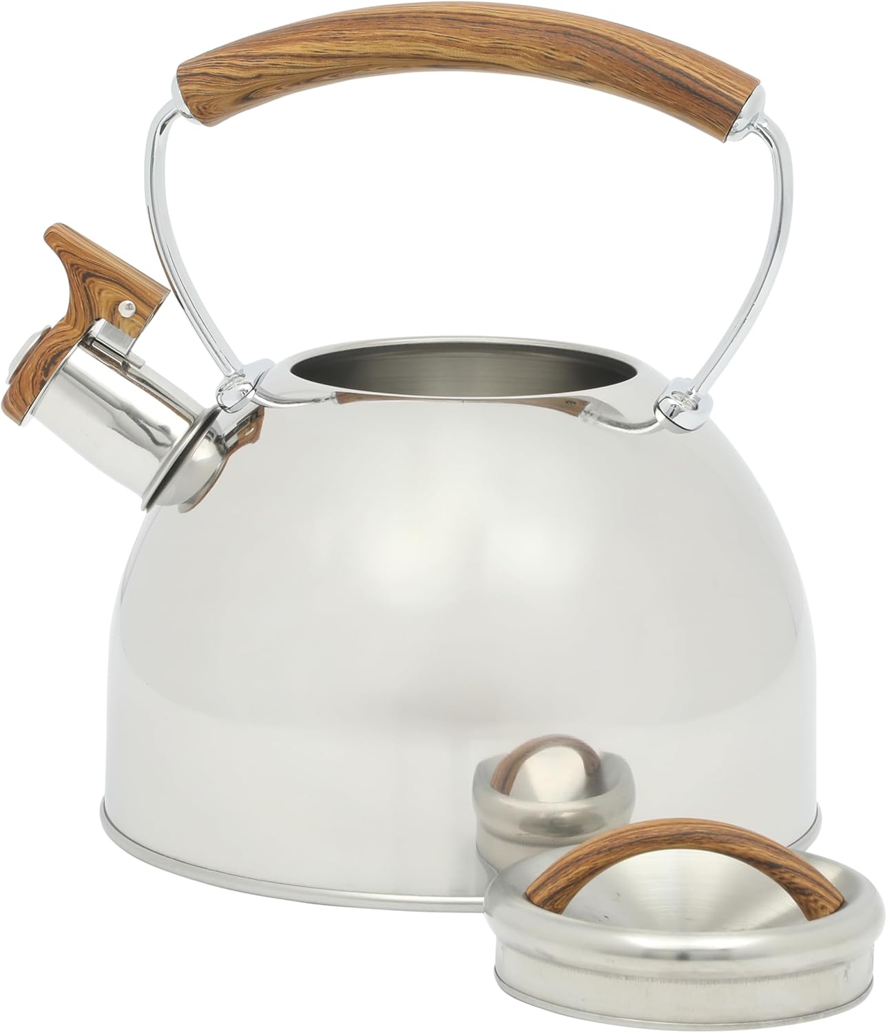 Mr. Coffee Fremont Large 2-Quart Stainless Steel Whistling Tea Kettle with Wood Handle – Durable Stove-Top Kettle for Boiling Water