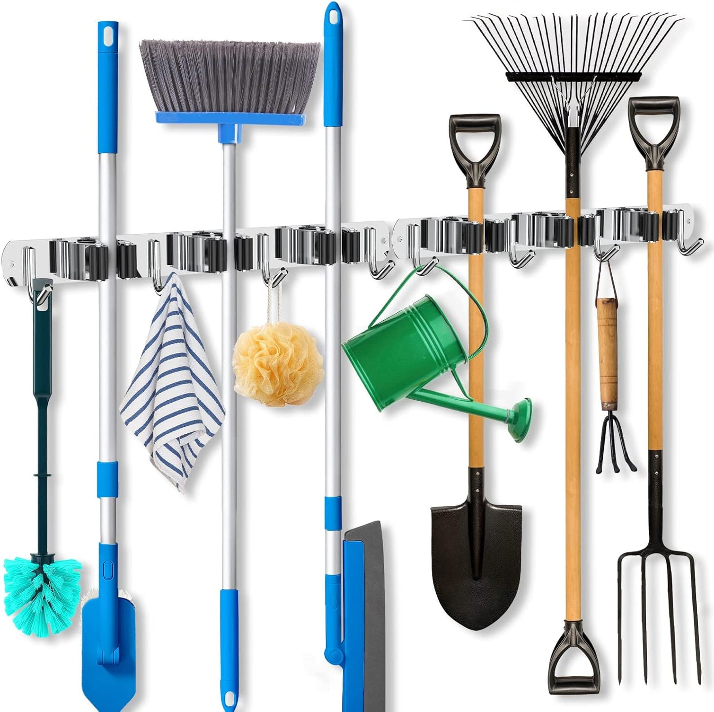 ZONGOOL 2 Pack 3 Racks and 4 Hooks Mop and Broom Holder Wall Mount, Heavy Duty Broom Hanger Organizer Storage Tool Racks Stainless Steel Self Adhesive Wall Hanger for Kitchen Garden Laundry Garage