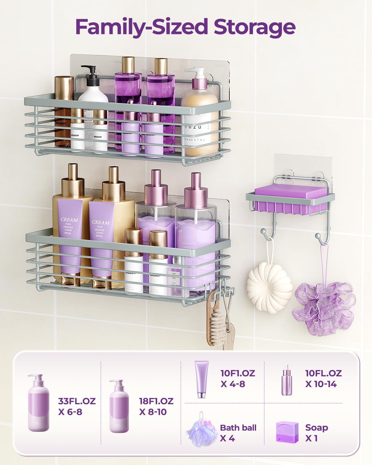 ODesign Shower Caddy 3 Pack SUS304 Stainless Steel-No Drilling-Shower Bathroom Shelves Rack,Rustproof Wall Mounted,Adhesive Shower Shelf Basket Organizer-Grey