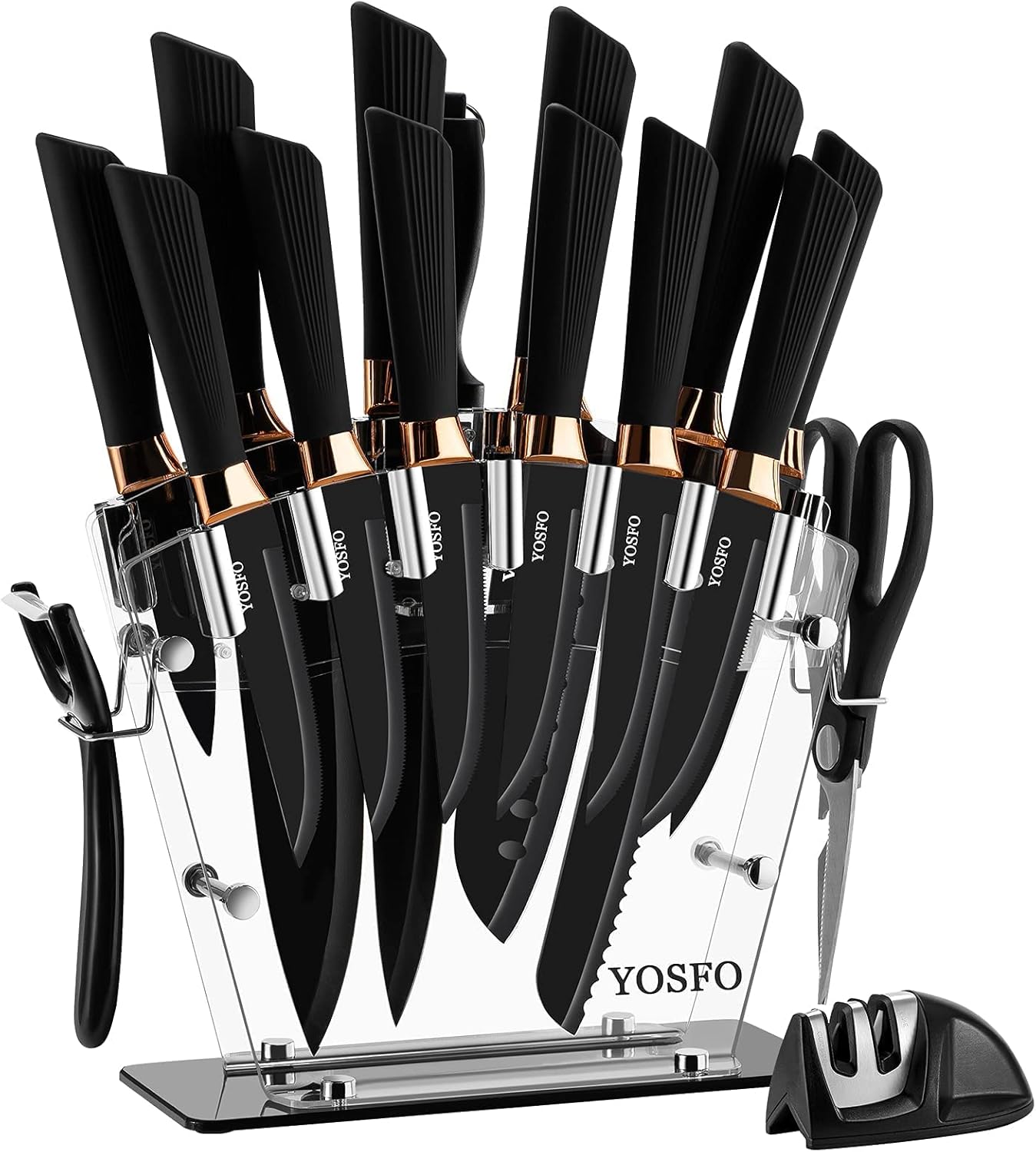 Kitchen Knife Sets with Block and Sharpener, 17Pcs Stainless Steel Knife Set includes Serrated Steak Knives Set, Chef Santoku Knives, Scissor, Knife Holder (Black Knife Set with Block)