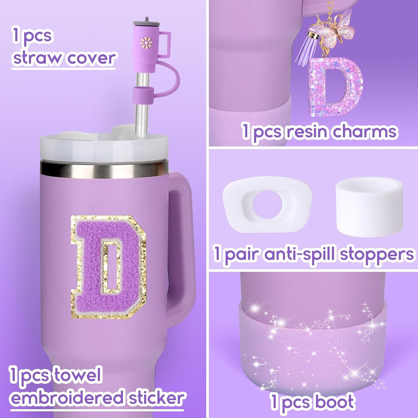 Mity rain 6PCS Cup Accessories Set for Stanley Cup 30oz 40oz tumbler with handle, Including Silicone Straw Topper Cover Cap and Boot, Spill Proof Stopper, Handle Charm, Initials Sticker (Letter D)