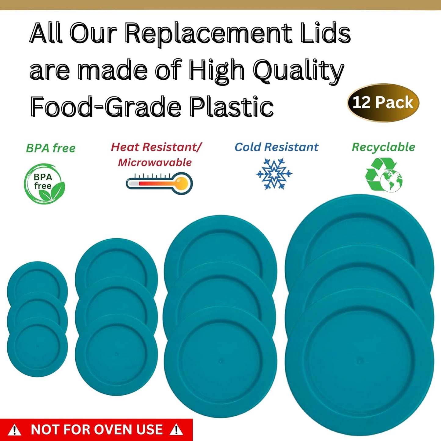 1, 2, 4 & 7 Cup Turquoise Replacement Lids/Covers for Pyrex, Anchor Hocking & KlareWare Storage Bowls *Lids Only Glass Container Not Included* (12 Pack *Three of Each Size*)