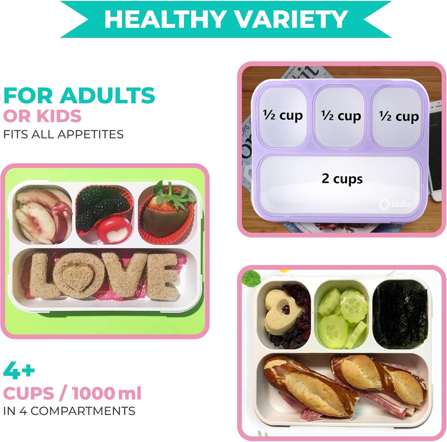 kinsho Bento-Box Lunch-Boxes for Kids, Girls, Lunch and Snack Containers for Toddler Daycare, School, Travel BPA-Free, 4 Divided Compartments Utensils (Purple Rainbow Unicorn, 2 Pack)