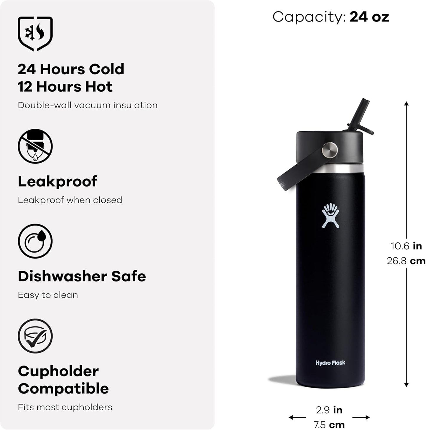 Hydro Flask Water Bottle - Insulated Stainless Steel - Wide Mouth Flex Straw Lid, Non Spill, Leakproof and Refillable in 24 Oz Aloe Green