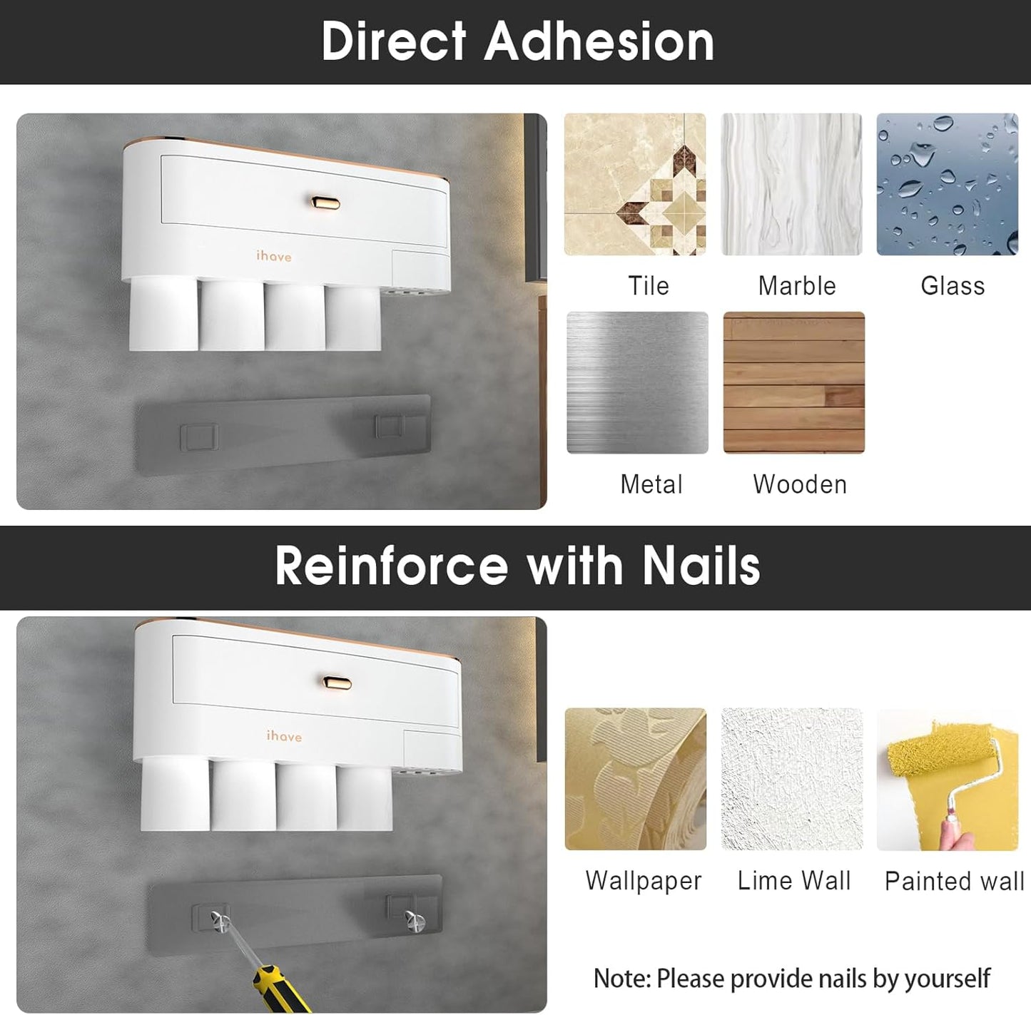 iHave Toothbrush Holders for Bathrooms - Upgrade Wall Mounted Toothbrush Holder with Toothpaste Dispenser - 4 Cups