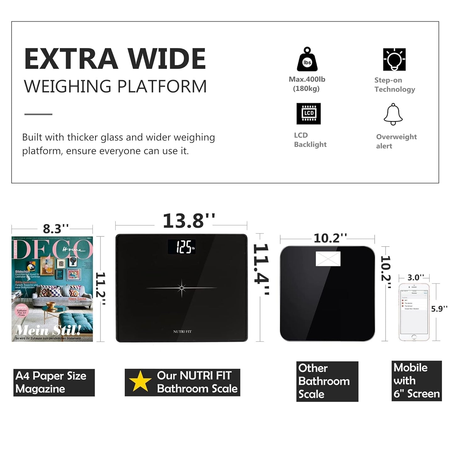 NUTRI FIT Extra-Wide/Ultra-Thick Digital Body Weight Bathroom Scale with 3 Inch Large Easy Read Backlit LCD Display Max Capacity 400lb Step-on Technology, Black