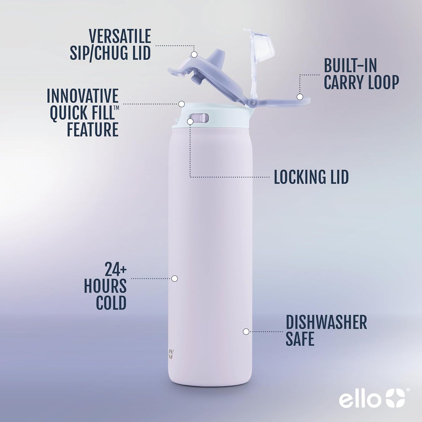 Ello Pop & Fill Stainless Steel Water Bottle with Quick Fill Technology, Double Walled Vacuum Insulated Metal, Leak Proof Locking Lid, Sip & Chug, BPA Free, Holiday Gift for Him Her, 22oz, 32oz, 40oz