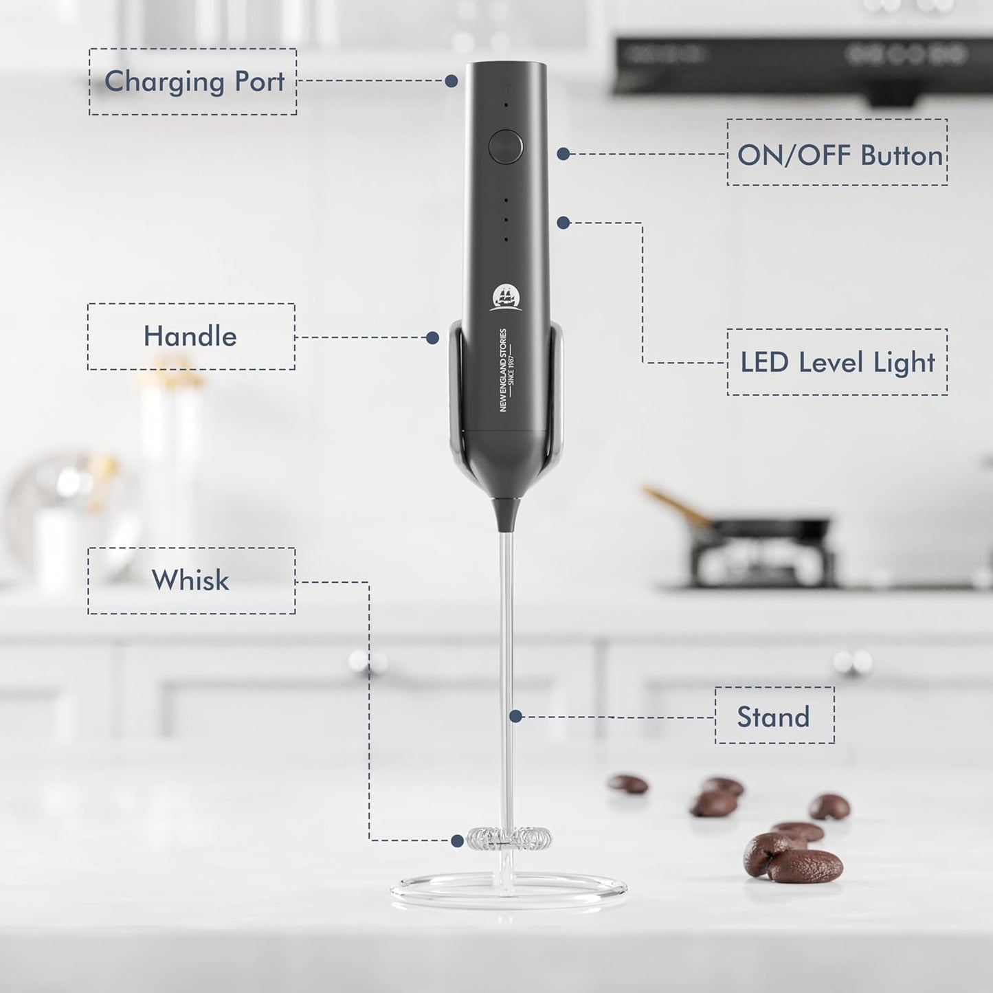 Rechargeable Milk Frother, 3 Speed Frother Wand Handheld Foam Maker with 2-layer Stainless Steel Whisk for Making Cappuccinos, Lattes, Bulletproof Coffee, Keto Drinks, Protein Shakes, and Matcha