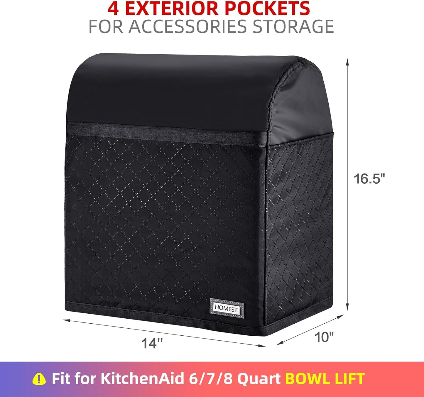 HOMEST Stand Mixer Quilted Dust Cover with Pockets Compatible with KitchenAid 6/7/8 Quart Bowl Lift, Black(Patent Design)