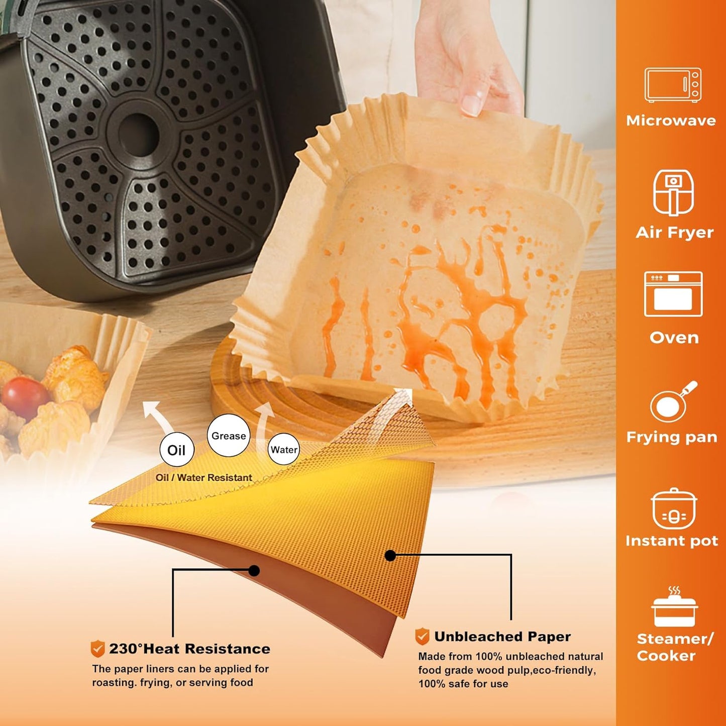 Vailnd Air Fryer Disposable Paper Liners 9inch Square, 125PCS Non-Stick Food Grade Air Fryer Parchment Paper, Oil Resistant & Waterproof Baking Liner for 8-12 QT Oven