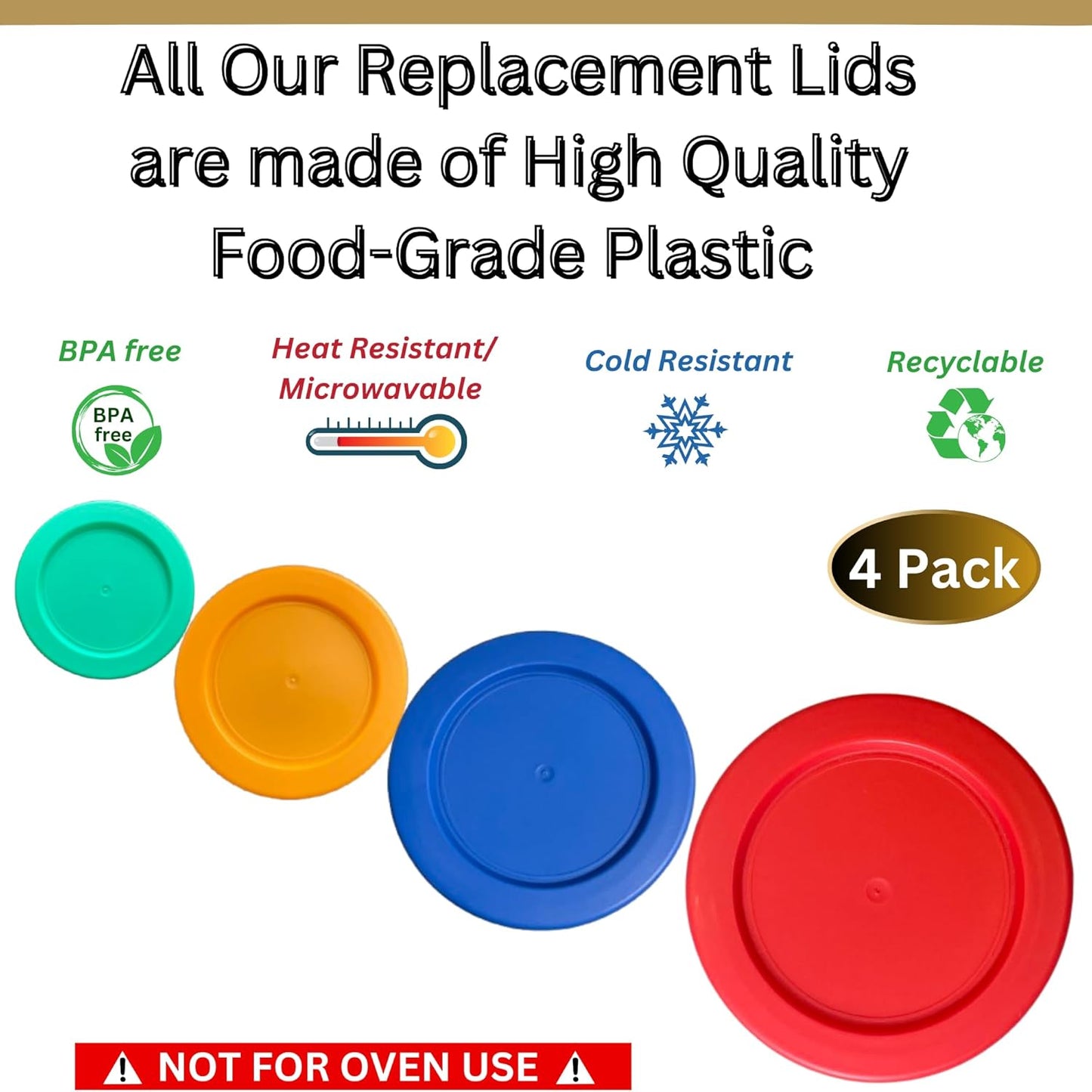 1, 2, 4 & 7 Cup Green, Orange, Blue, Red Replacement Lids/Covers for Pyrex, Anchor Hocking & KlareWare Storage Bowls *Lids Only Glass Container Not Included* (4 Pack *One of Each Size*)