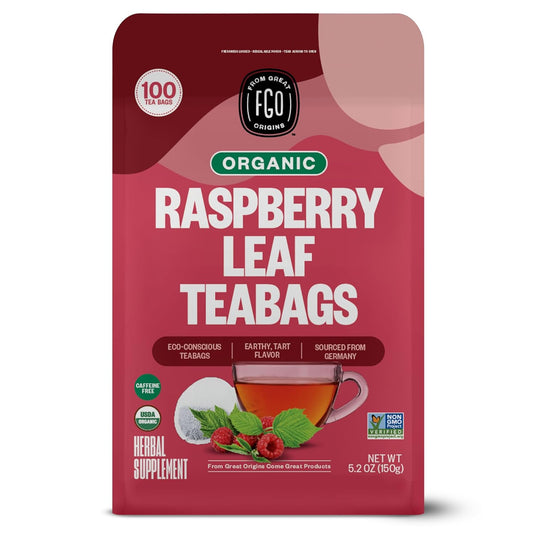 FGO Organic Red Raspberry Leaf Tea Bags, 100 Eco-Conscious Tea Bags, Caffeine Free, Imported from Germany, Reseable Bag, Packaging May Vary (Pack of 1)