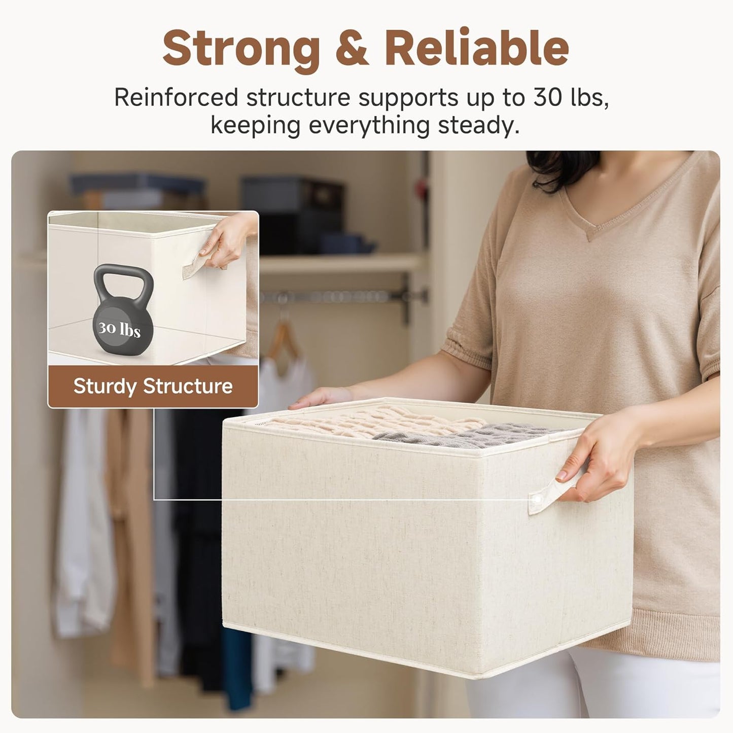 StorageWorks Storage Baskets for Shelves, Foldable Fabric Closet Storage Bins with Handles, Fabric Storage Bins Clothes Organizer, Beige(Cotton-linen), 3-Pack, Extra Large