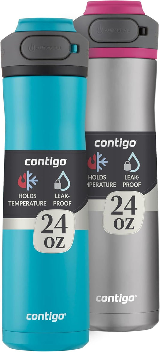 Contigo Cortland Chill 2.0 Vacuum-Insulated Stainless Steel Water Bottle Spill-Proof Lid Preserves Temperature for Hours 24oz 2-Pack Juniper & Dragonfruit Ideal for Travel and Daily Use