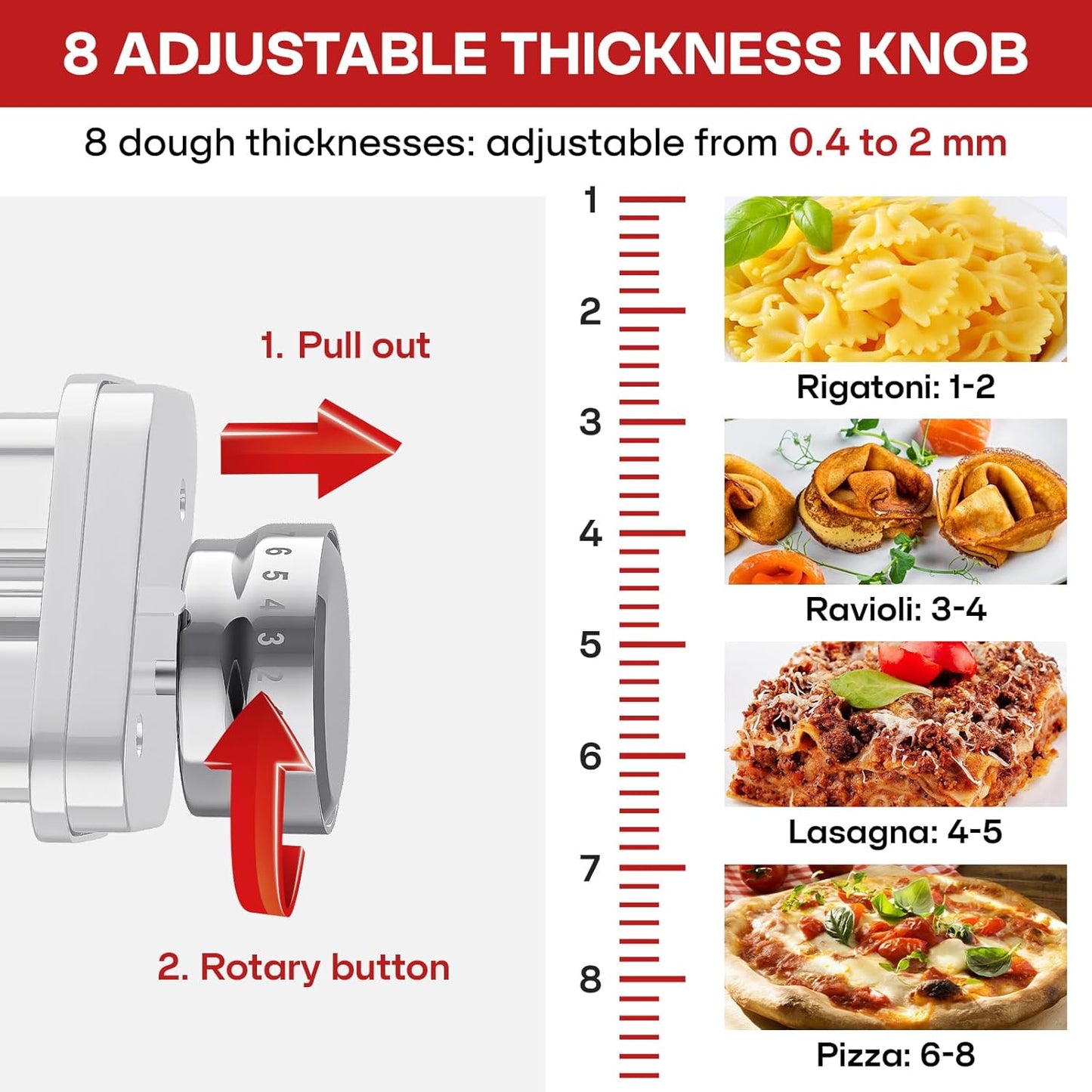 Pasta Roller Attachment for KitchenAid Stand Mixer, Pasta Roller KitchenAid Attachment, Stainless steel Pasta Roller Machine with 8 Adjustable Thickness Knob by Gvode