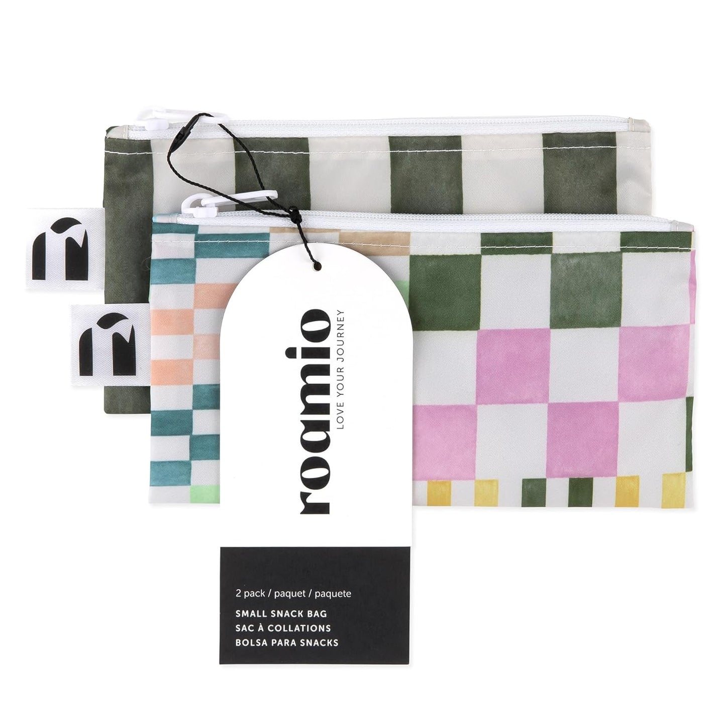 Roamio Reusable Snack Bags, for Kids School Lunch and for Adults Portion, Washable Fabric, Waterproof Cloth Zip Bag, Supplies Pack Travel Pouch, Food-Safe Storage, 2-pk Green Stripe and Multi Check