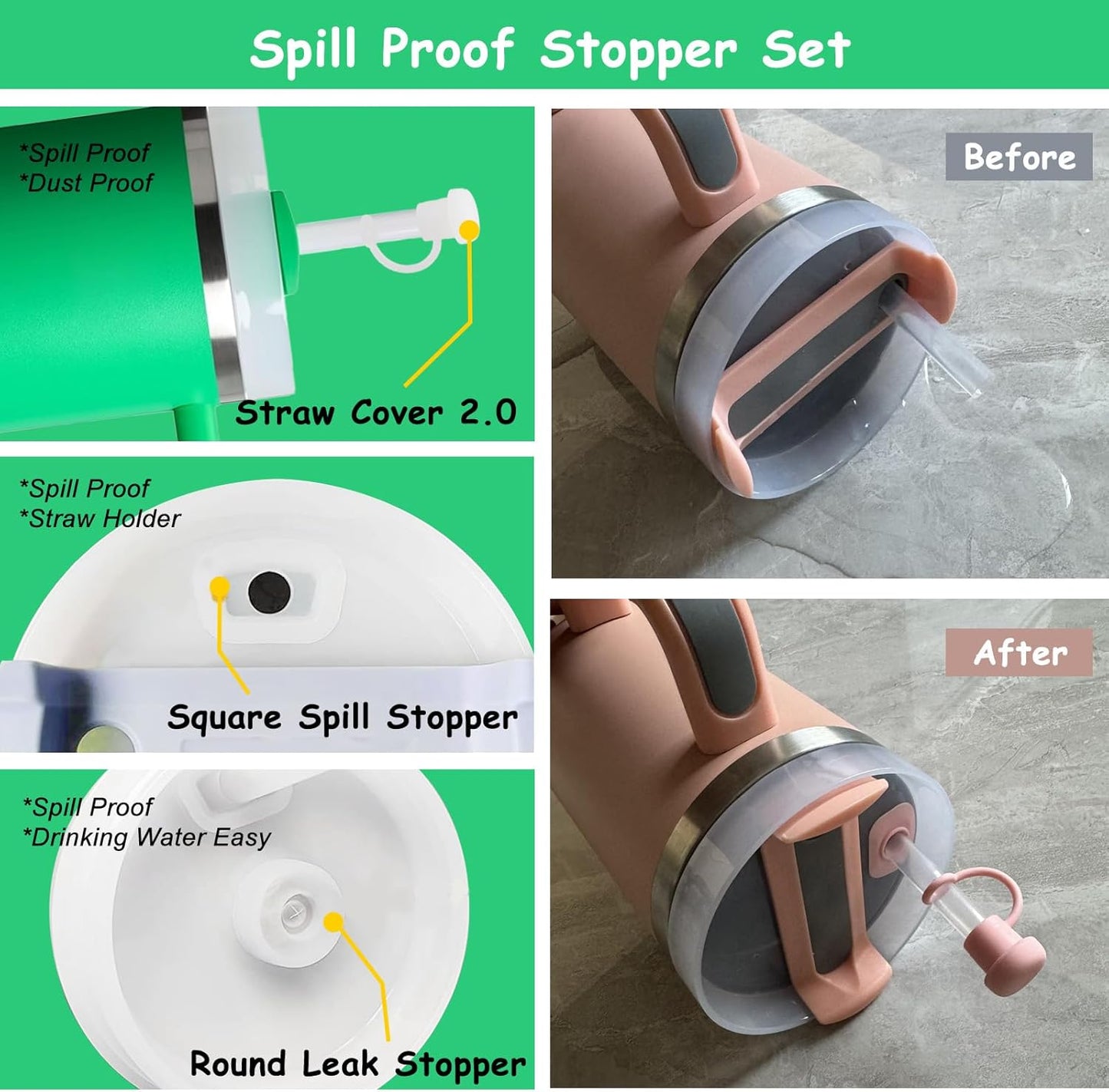 Stanley Cup Accessories Set,Including 2 Pcs 0.4in Straw Cover, 1 Silicone Spill-Proof Stopper Set of 3, 1 Cute Flower Handle Charm, 1 Silicone Boot Fits Stanley 40&30 Oz Tumbler (Meadow)