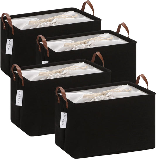 Hinwo 31L Large Storage Bins, 4-Pack Closet Organizers and Storage, Foldable Clothes Storage Baskets with Handles, Containers for Clothing, Blanket, Towels, Toys, Bedding (Black)