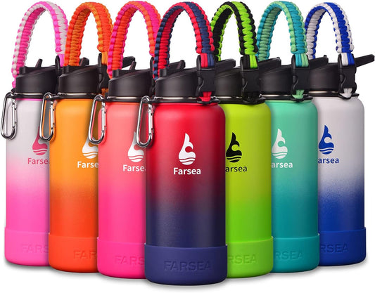 Farsea Insulated Water Bottle With Paracord Handle, Protective Silicone Boot and 2 Lids (Straw Lid & Spout Lid), Stainless Steel Water Bottle Wide Mouth, Double Wall Sweat-Proof BPA-Free, 32 oz